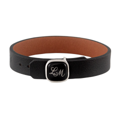 Lederarmband mit Monogramm (2 Buchstaben)  Platin auf schwarzem Grund