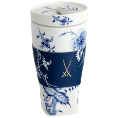 Coffee to go Becher mit Porzellandeckel und Manschette, Zwiebelmuster, Form "Nova", V 0,35 l