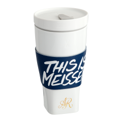 Coffee to go Becher mit Porzellandeckel und Manschette, Monogramm, 2 Buchstaben, gold, Form "Nova", Weiß, V 0,35 l