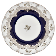 Brotteller, Form "B-Form", Gestreute Röschen, weiß-grau, königsblau, Glanzplatin, Ø 15,5 cm