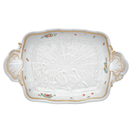 Beilagenschale, mittel, Form "Schwanendessin", Indische Blumenzweige, gestreute Blümchen, Goldkante, Goldrand, L 33,5 cm
