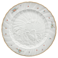 Platzteller, Form "Schwanendessin", Indische Blumenzweige, gestreute Blümchen, Goldkante, Goldrand, Ø 32 cm