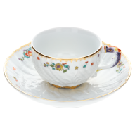 Kaffeetasse, Form "Schwanendessin", Indische Blumenzweige, gestreute Blümchen, Goldkante, Goldrand, V 0,14 l