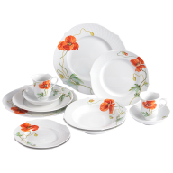 Starter-Set, 12-tlg. für 2 Personen, Form "Wellenspiel Relief", Blumenmalerei "Wilder Mohn", rot, weißer Rand